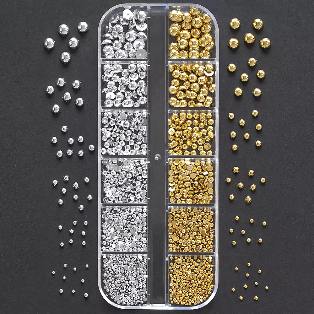12 grilles or argent perles pour ongles 3D demi-rond perle ongles breloques métal ongles perles Cavi