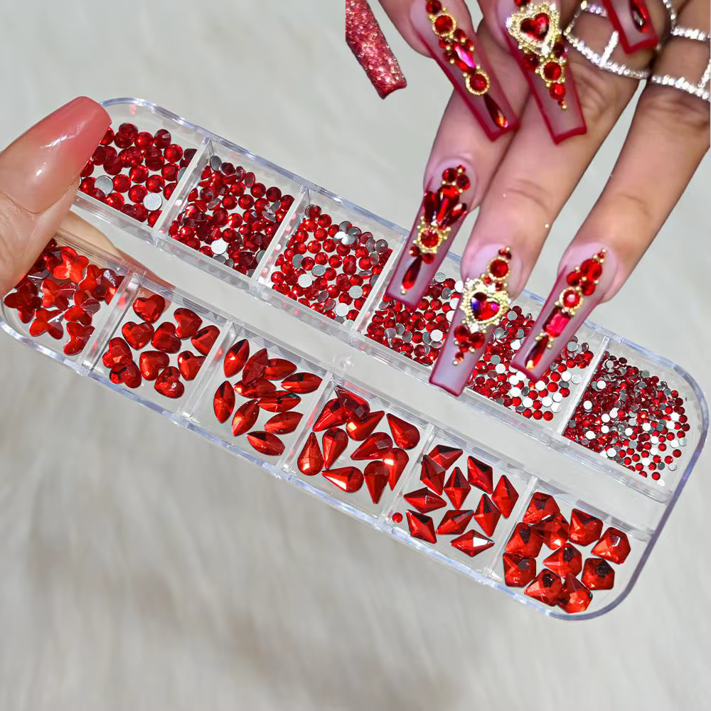 12 grilles 3D rouge Nail Art strass mixte coeur/papillon/rond/goutte verre diamants bricolage manucu