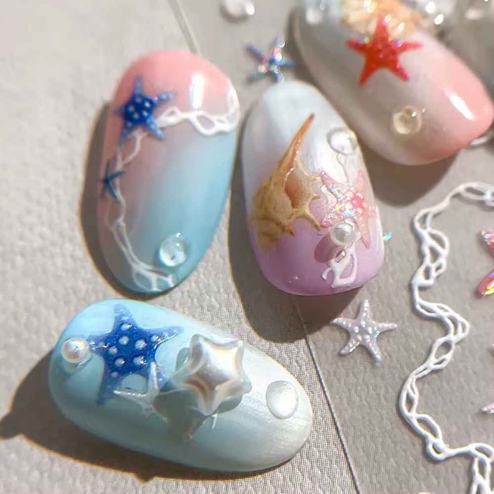 Autocollants pour ongles thème mer d'été, coquilles brillantes, étoile de mer, sirène, conque, plage