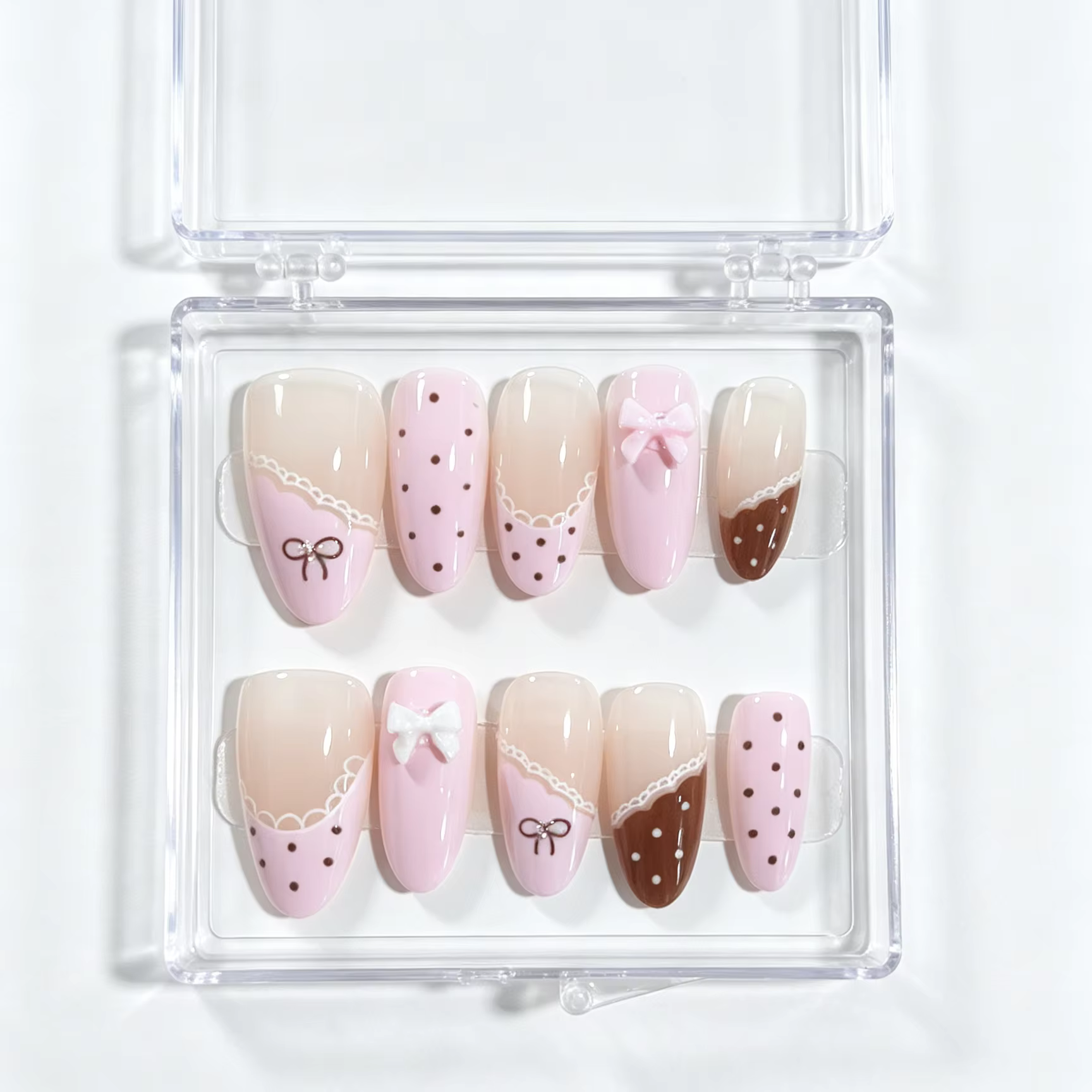 10 faux ongles en forme d'amande pressés à la main, magnifiques faux ongles, rose brun café au lait 