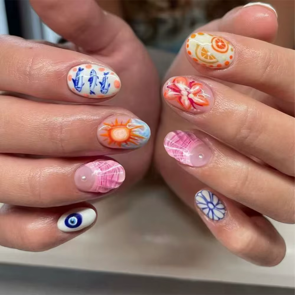 24 faux ongles en gel 3D Ellipse, à décorer avec des pointes françaises bleu perle, style océan, ong