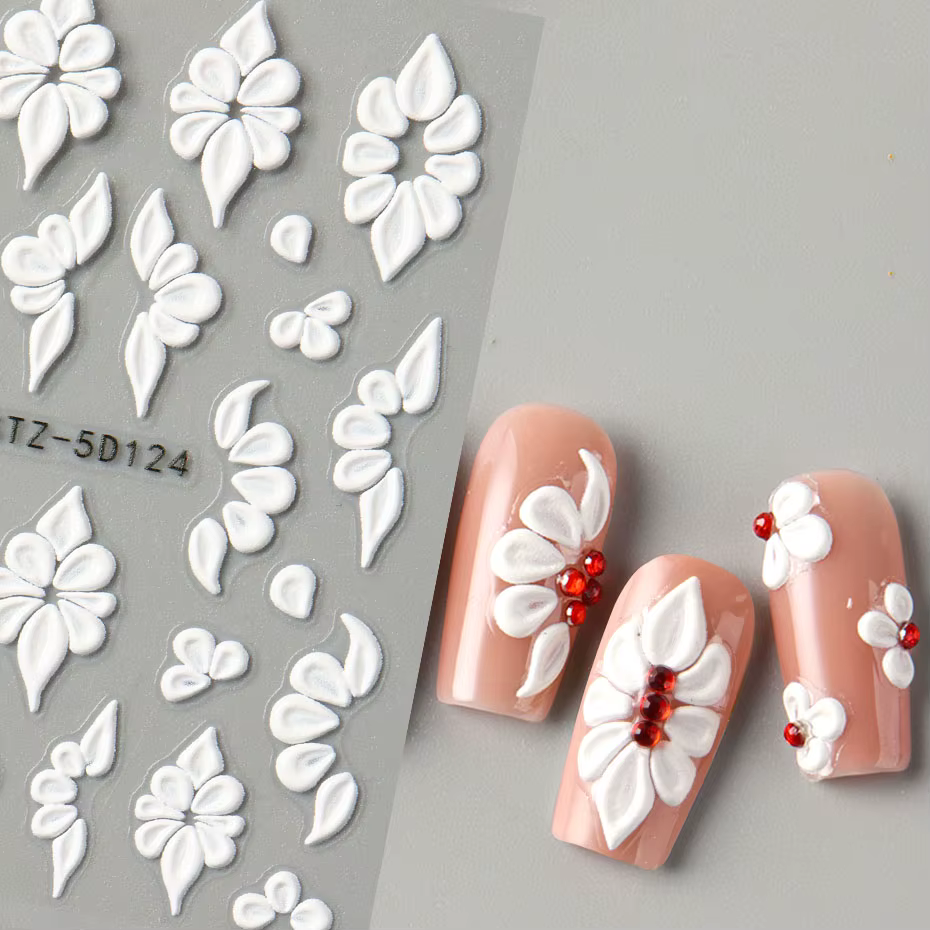 Autocollants pour ongles en forme de fleur en relief 5D, motifs élégants de pétales blancs, roses et