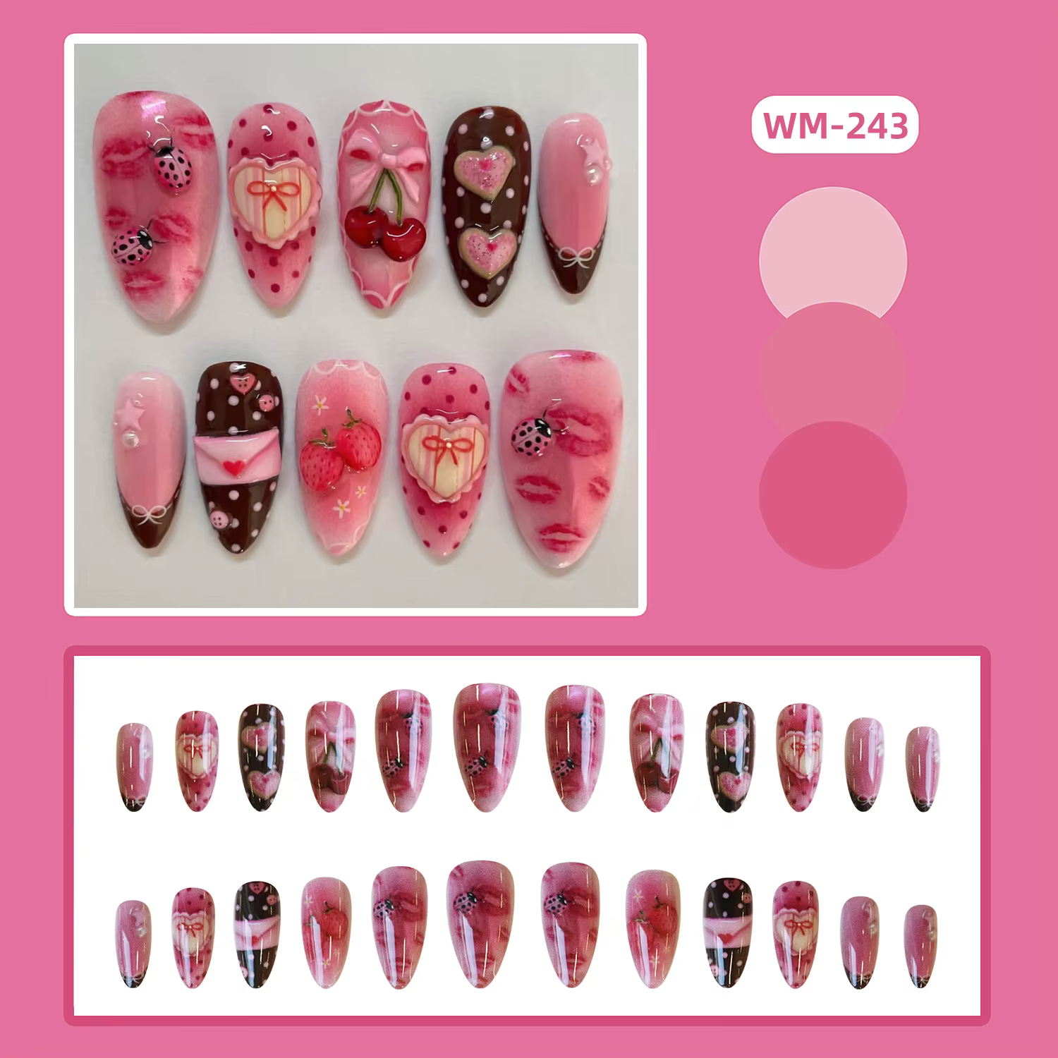 24 pièces lettre douce presse sur ongles mignon cerise nœuds papillon coccinelle fraise décor faux o