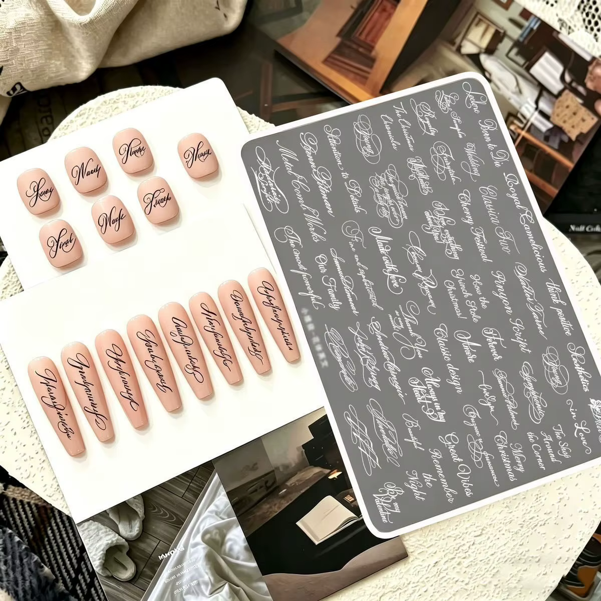 Plaque de tamponnage pour ongles, motif de mots et de phrases en anglais cursive, modèle de nail art