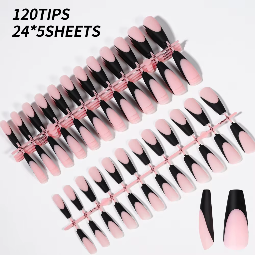 Faux-ongles en Gel français noir, 120 pièces, longs cercueil mats, à pression, 12 tailles, pré-durab