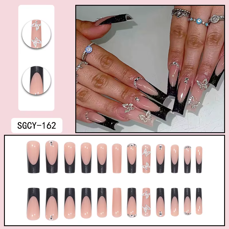 Ensemble de 24 pointes d'ongles français noires de forme rectangulaire, à la mode, avec paillettes e