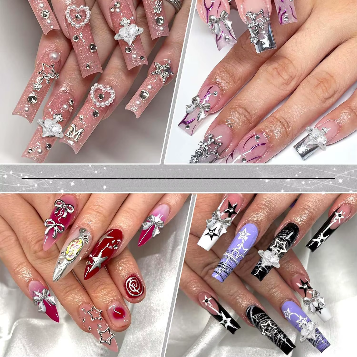 122 pièces étoile ongles breloques 3D argent ongles breloques alliage arc breloques cristal Starligh
