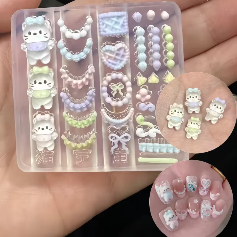 Ensemble de 3 pièces en Silicone pour Nail Art, chat mignon, crème, ours, Cookie, nœud papillon, 3D,