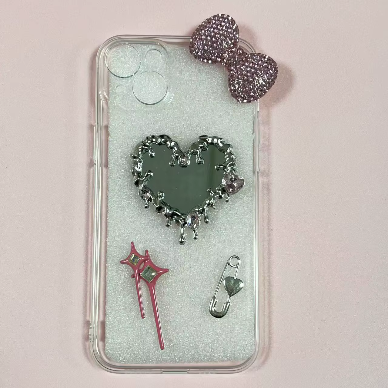 Créatif rose strass eau fluide gouttelette coeur miroir plein diamant nœud papillon connecté étoile 