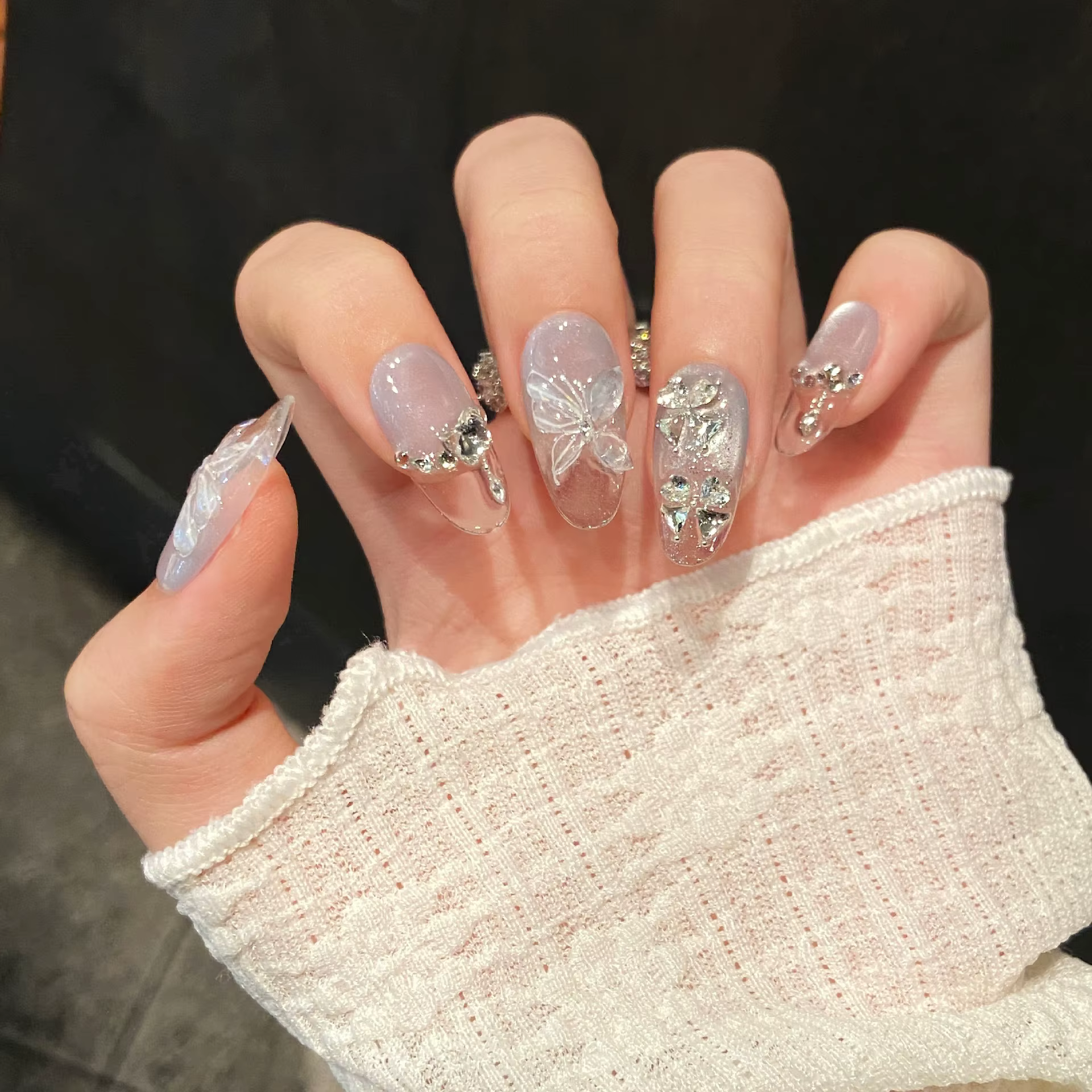 10 pièces à la main bleu glace dégradé presse sur ongles avec papillon conception faux ongles portab
