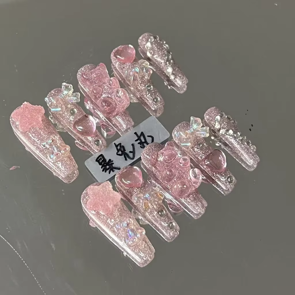 Dessin animé mignon rose Smoothie Nail Art arc ours étoile Bling faux ongles rose doux Girly fille à
