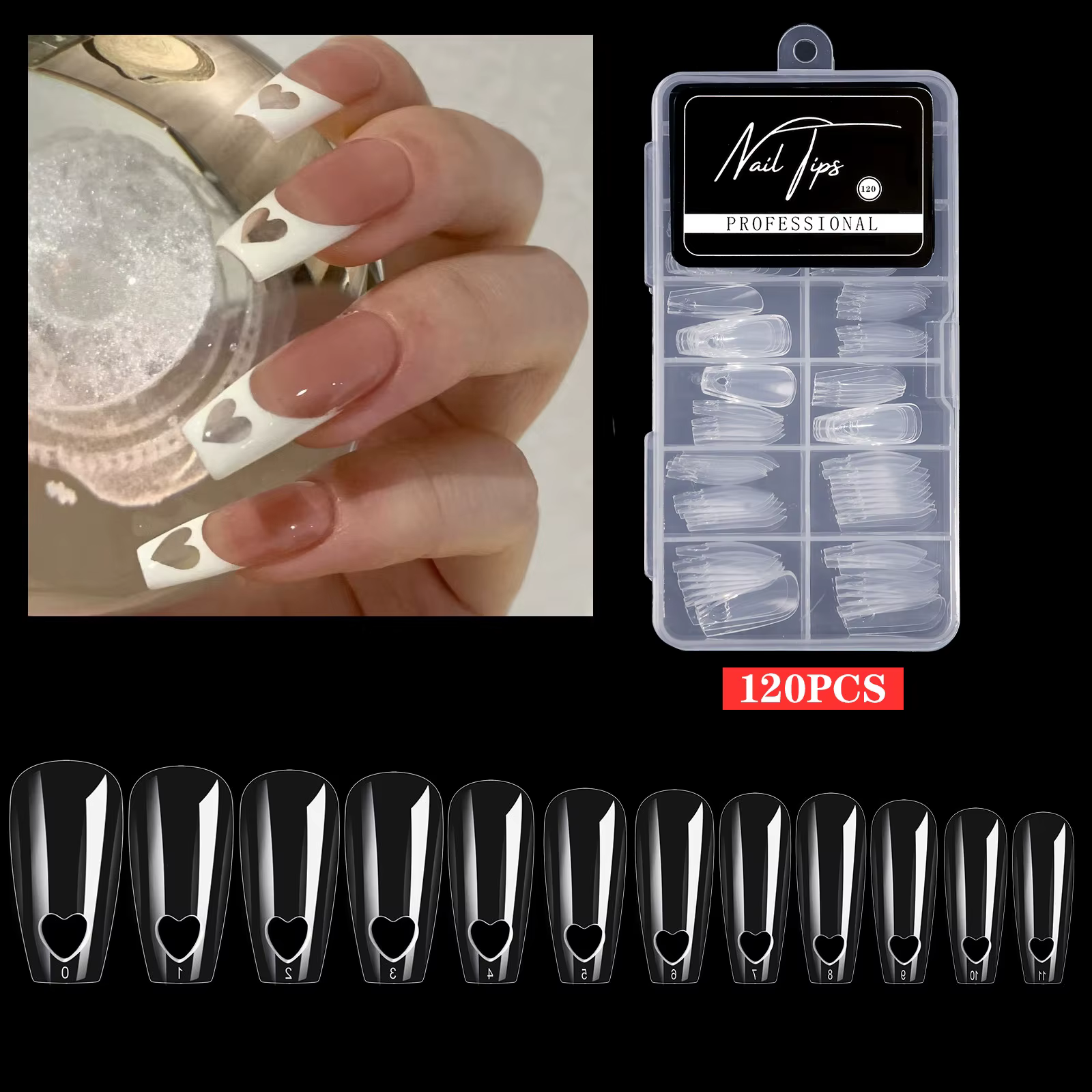 Faux embouts évidés en forme de cœur, presse naturelle et transparente sur l'acrylique, patch de pla