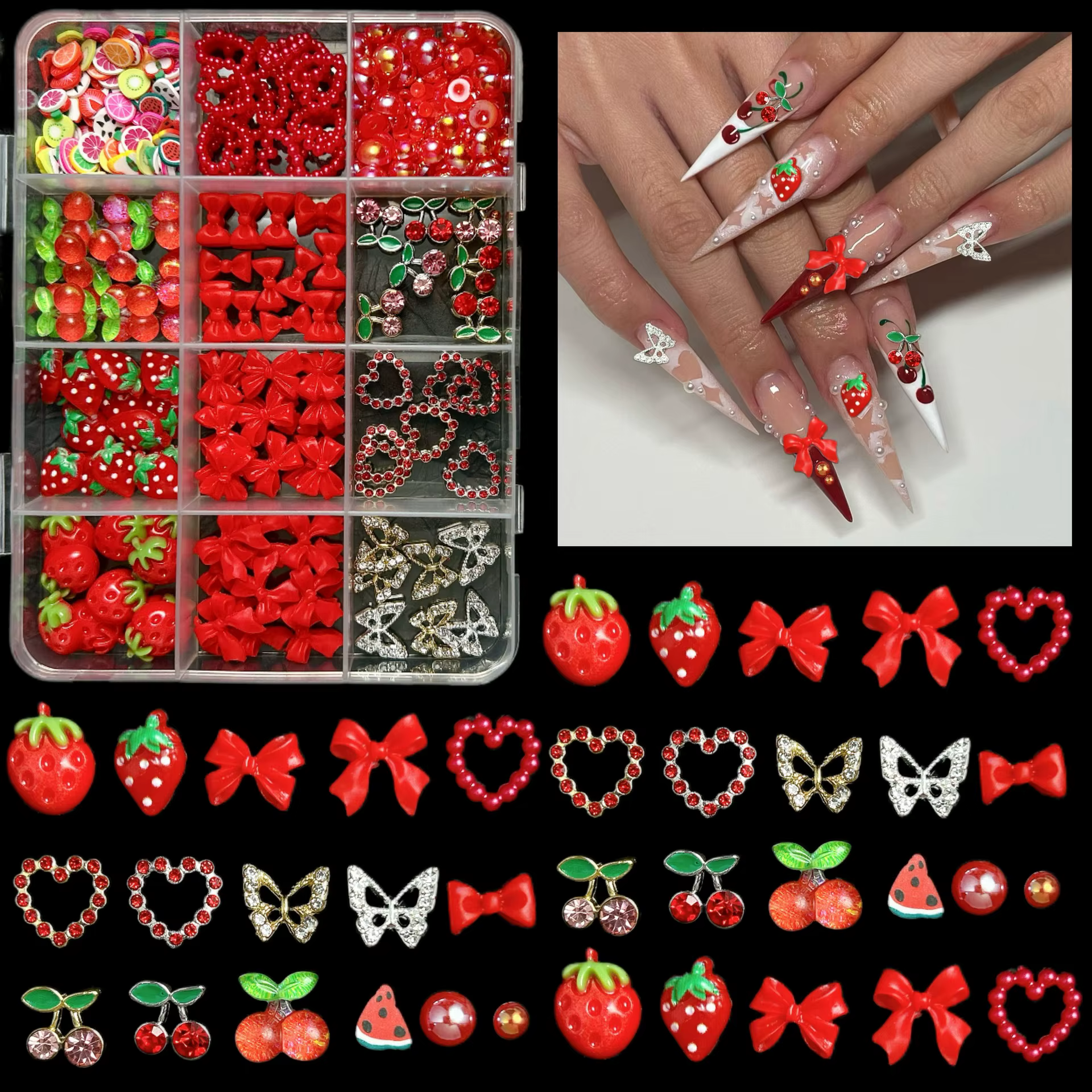 Breloques 3D cerise rouge/fraise/arc pour Nail Art, 12 grilles, alliage papillon/amour/ruban Y2K, dé