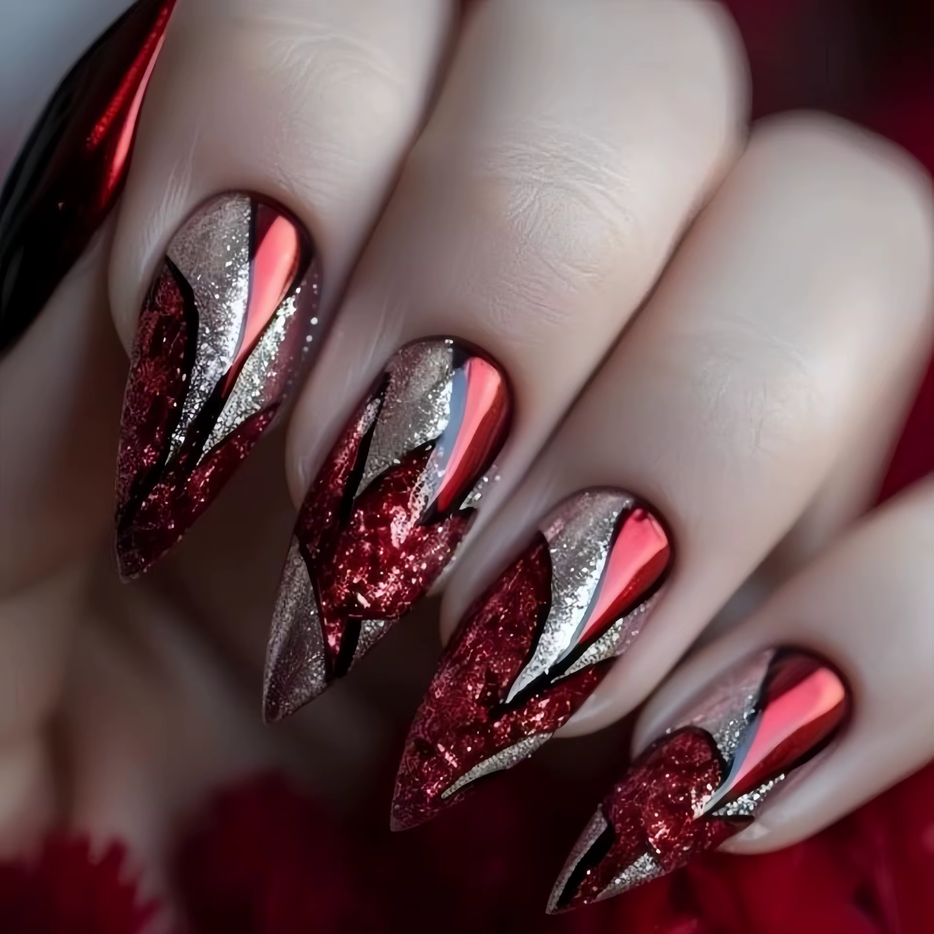 Faux ongles mi-longs pour femmes, brillants, couleurs rouge vin, noir, champagne, forme amande, styl