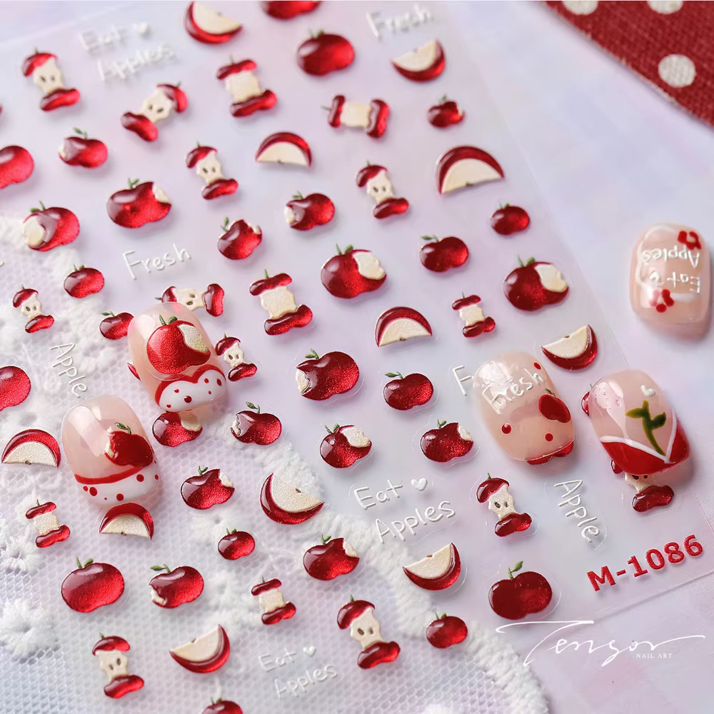 Autocollant 5D gelée pomme rouge pour Nail Art, tranche de pomme de dessin animé, fruits Kawaii, dou