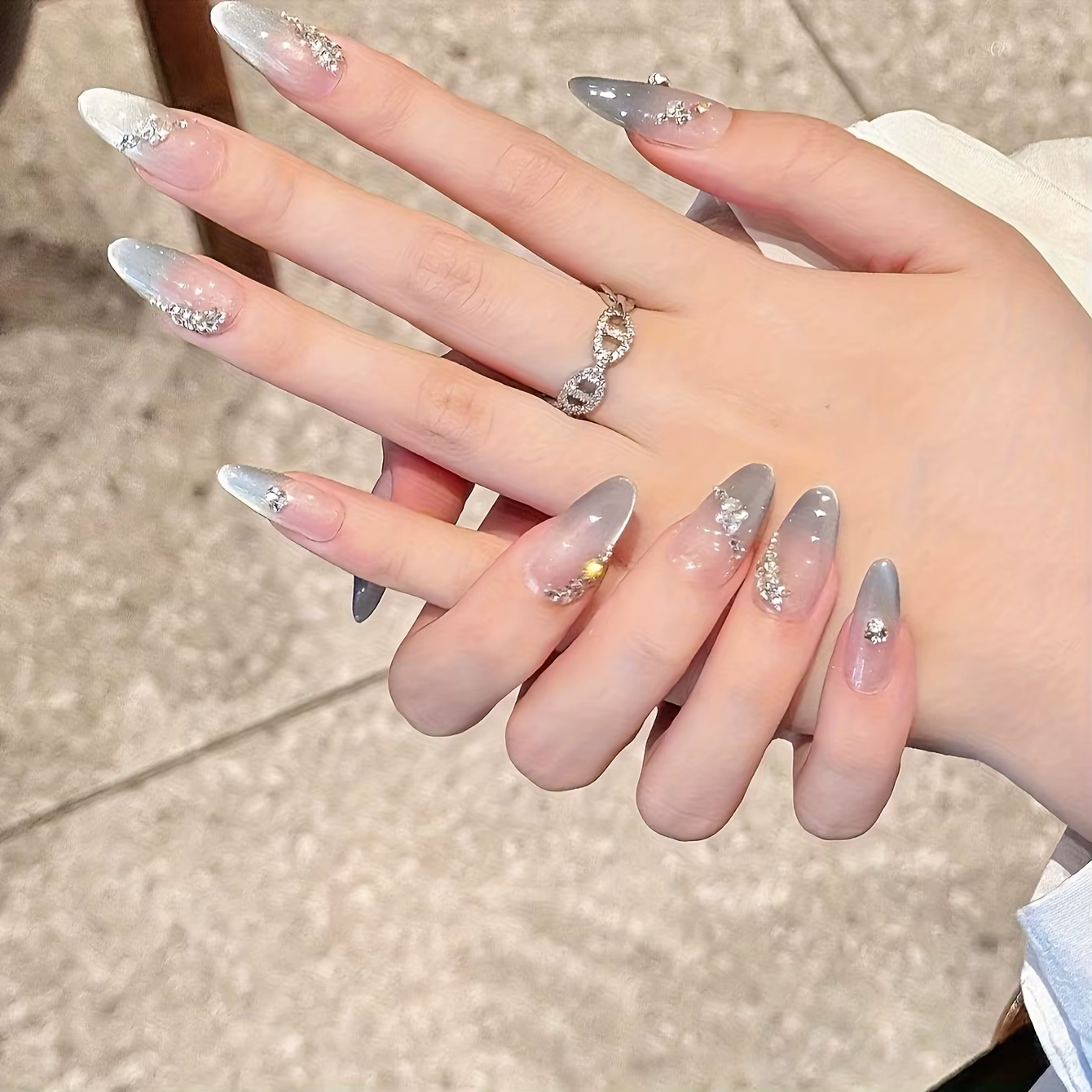10 pièces haut de gamme lumière luxe argent oeil de chat diamants français faux ongles faits à la ma