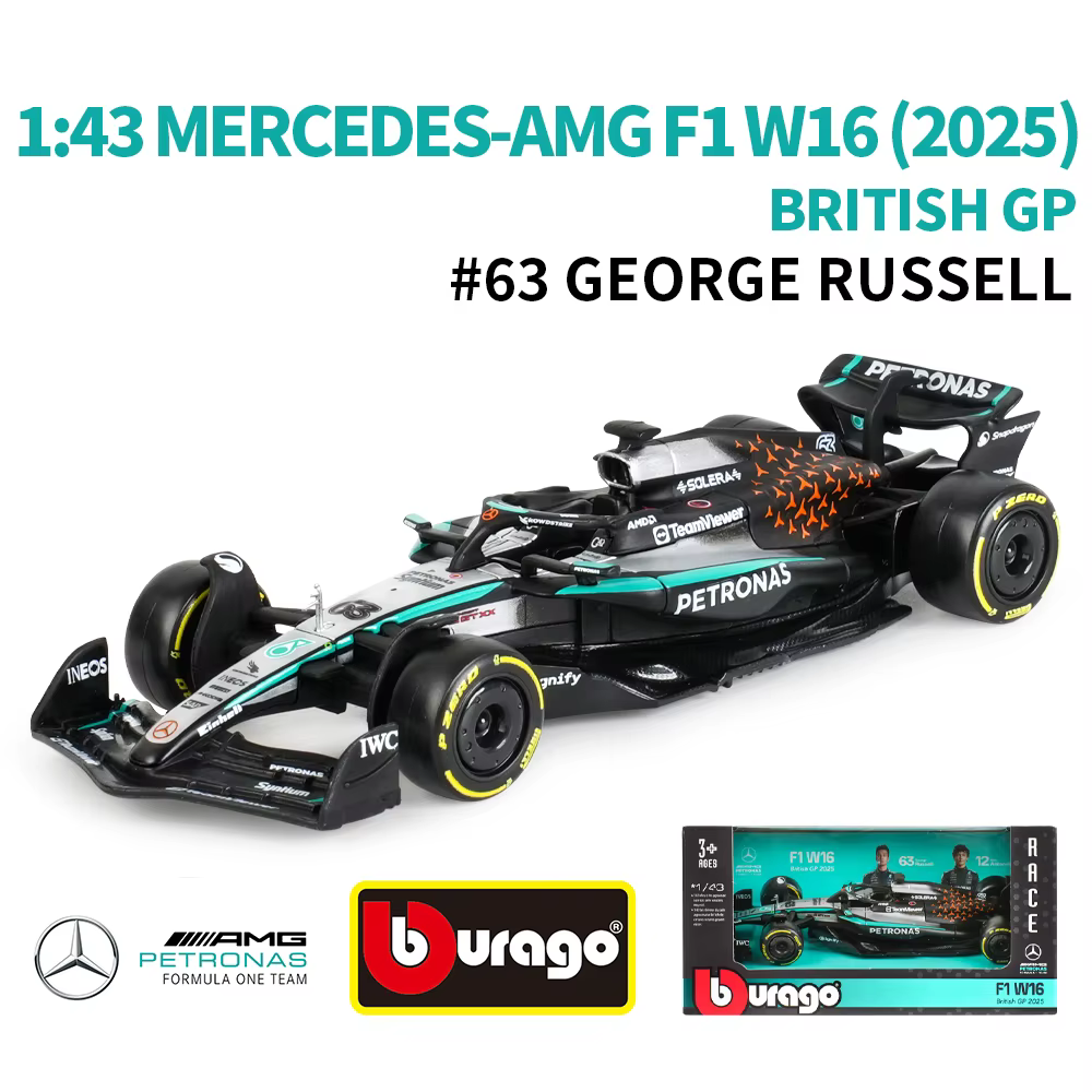 Bburago 1:43 Mercedes-AMG 2025 W16 E Performance # 63 # 12 voitures de Formule 1 britanniques en mét