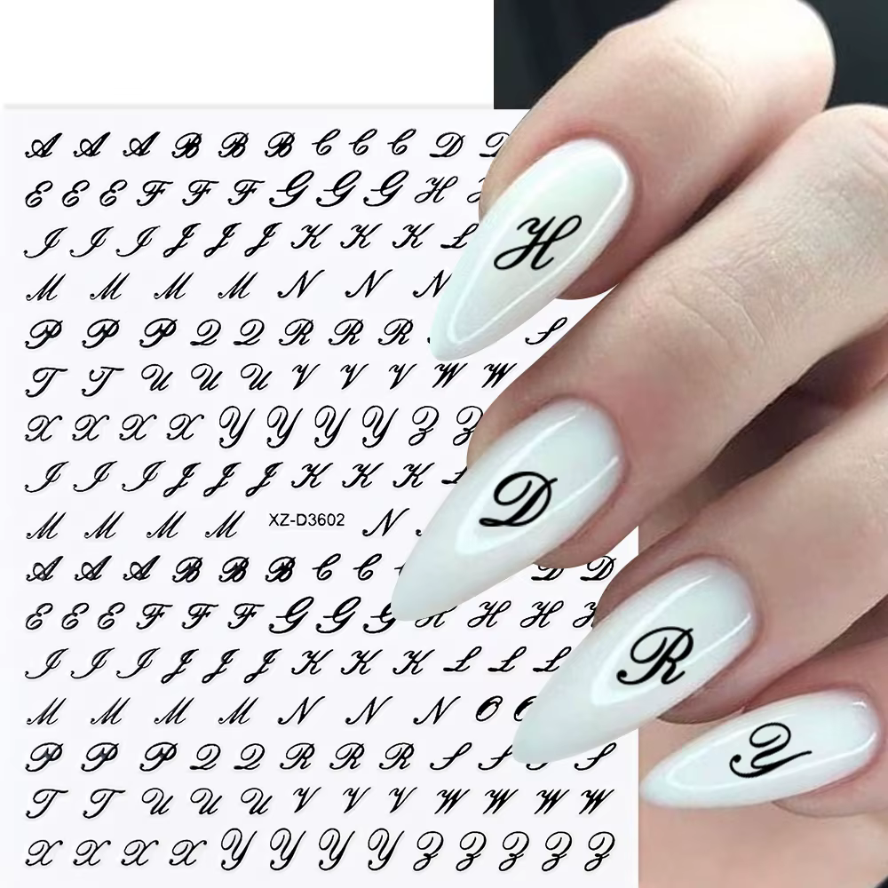 Autocollants pour ongles avec lettres romaines 3D, 1 pièce, or/argent/noir/Laser Alphabet, décalcoma