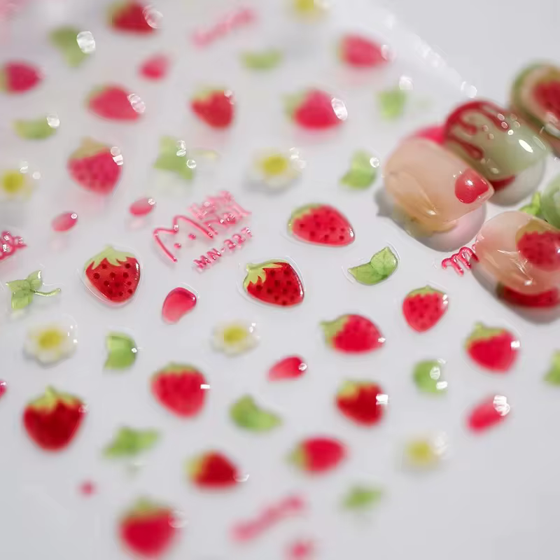 1 pièces 5D Kawaii gelée fraise dessin animé curseur Adheisve Nail Art autocollants en relief ongles
