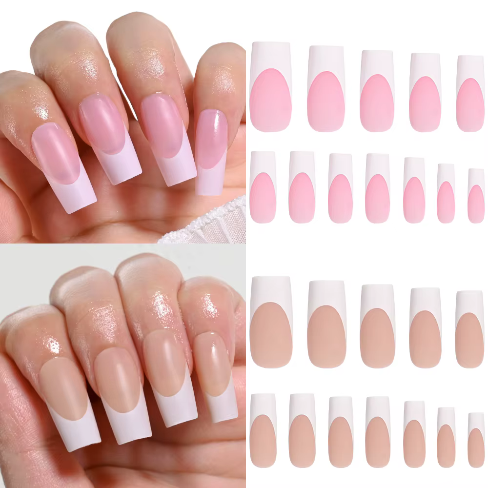 120 faux ongles français carrés moyennement longs en acrylique, à couverture complète, à presser, po