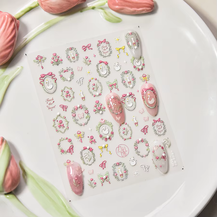 Autocollants pour ongles en cristal et diamant, mélange de fleurs de cygne rose, cadre papillon, aut