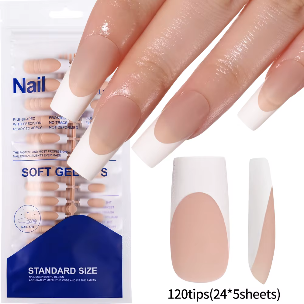 120 pièces brillant rose français presse sur ongles 12 tailles longs carrés faux ongles blanc bord c