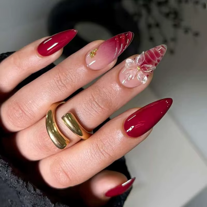 24 faux ongles à presser en amande, motif floral, rose français, à pois, couvrance totale, avec stra