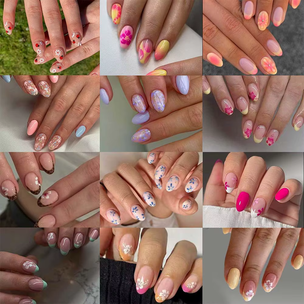 Ongles à fleurs d'hibiscus ovales courts, 288 pièces (12 mélangés), mignons ongles d'abeille et de c