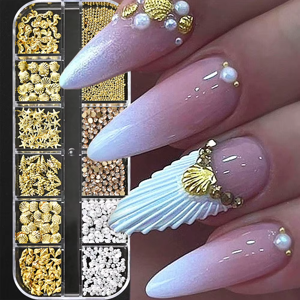 12 grilles 3D or océan Rivet breloques pour ongles mixte hippocampe/étoile de mer/perle de conque/Mi