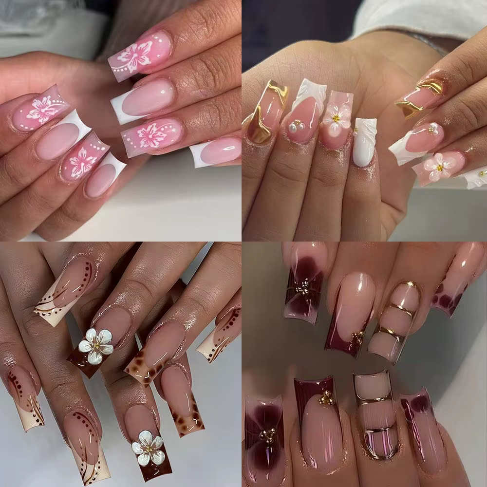 96 pièces (4 mélangées) Gelnail tridimensionnel 3D fait des ongles de fleurs avec fausse perle décor