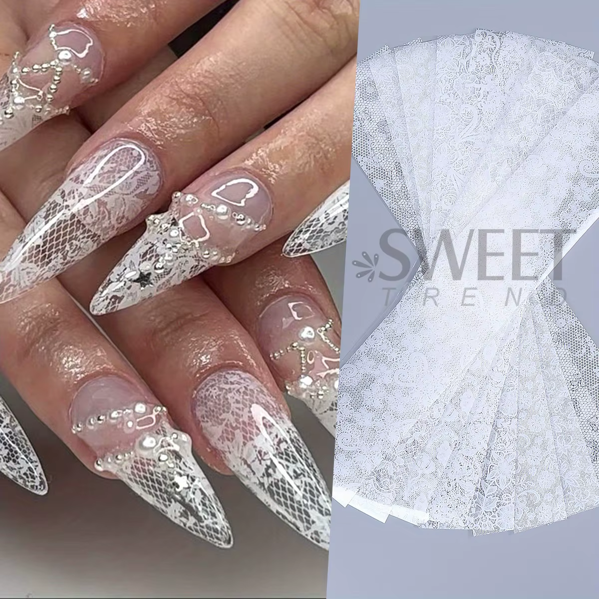 Feuilles de transfert d'ongles élégantes en dentelle noire et blanche, autocollant en papier fantais