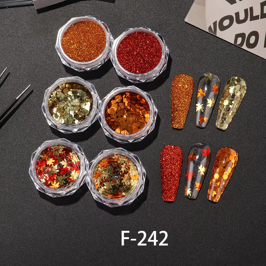 Paillettes feuilles d'érable dorées pour ongles, 6 boîtes, sucre jaune rouge brillant, poudre pour o