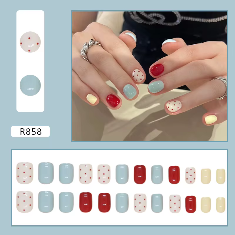 24 faux ongles collés, mignons, à pois, adhésifs, à presser, courts, ronds, vintage, rouges et jaune