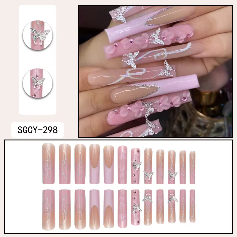 24 pièces de faux ongles Ultra longs en forme de cercueil, à pression, motif français, dégradé et fl
