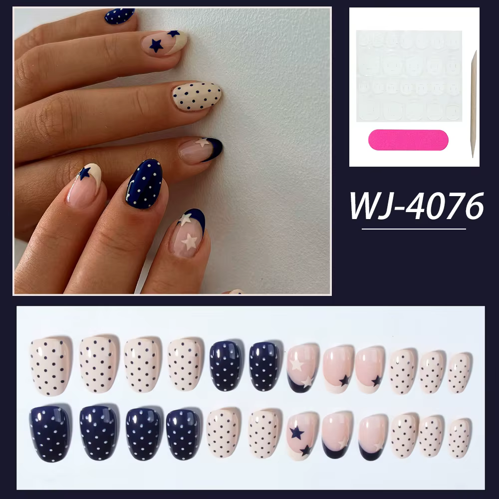 24 autocollants pour ongles ovales à pois étoiles, matériau acrylique, ajustement parfait, ensemble 