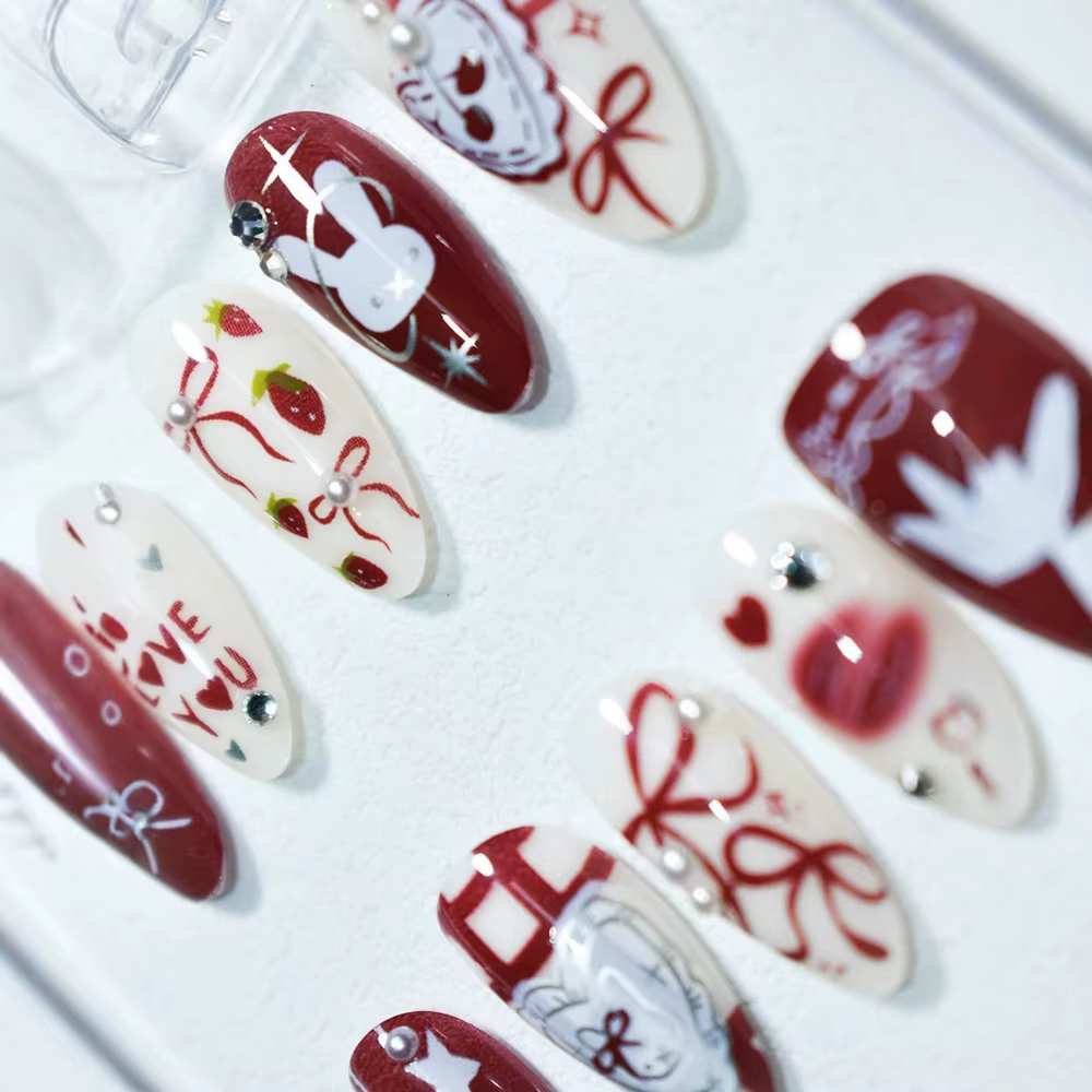 30 pièces papillon dessin animé lapin presse sur ongles moyen amande faux vin rouge amande strass pe