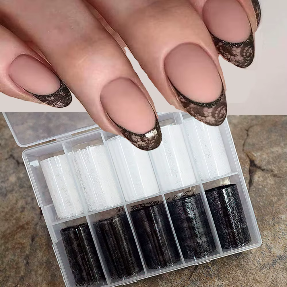 Autocollants de transfert d'ongles en dentelle noir et blanc, 10 rouleaux/boîte, enveloppes complète
