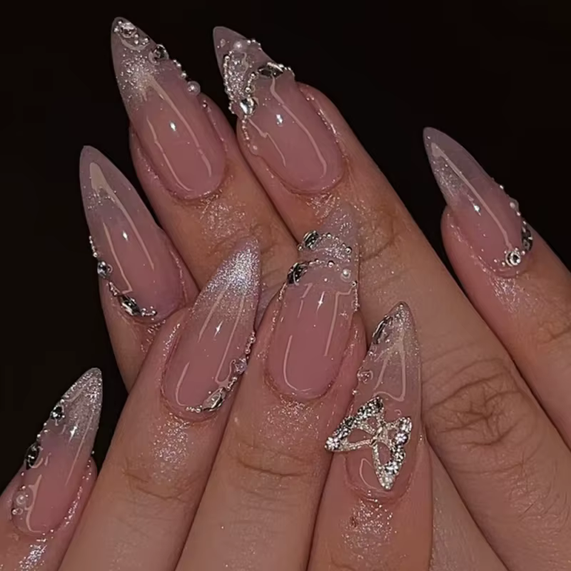 24 pièces faux ongles français fini amande ongles ensembles avec nœud doré conception faux ongles Ar