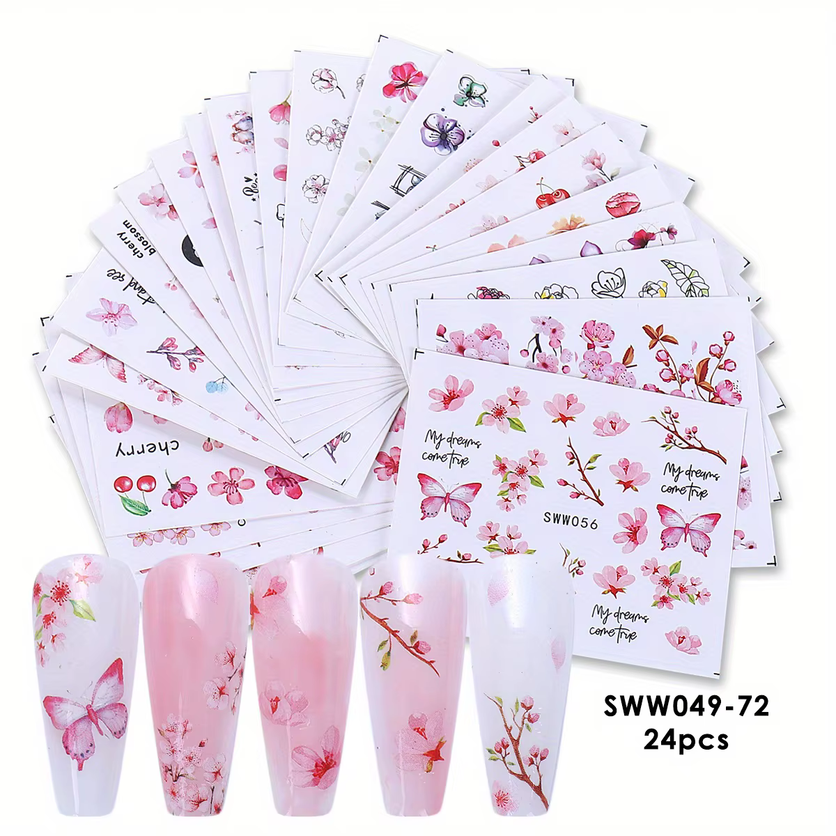 Autocollants à l'eau pour ongles, fleur de Sakura, fleurs de cerisier roses, feuille florale, concep