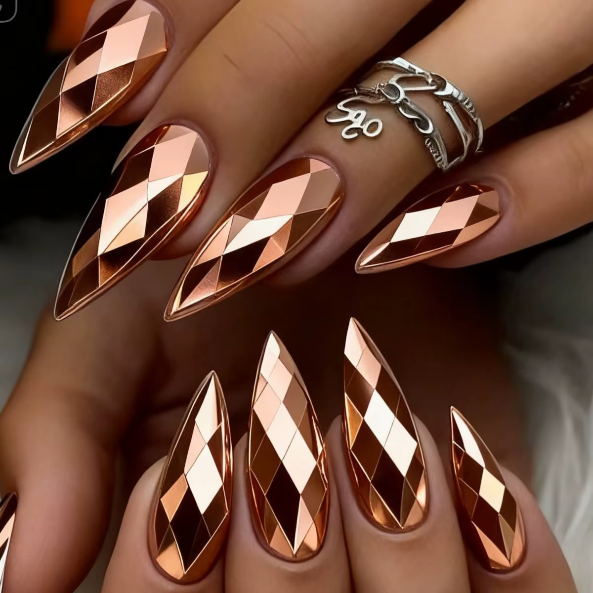 Faux ongles 3D holographiques plaqués, losange métallique brillant, rose, doré, jaune, argent, champ