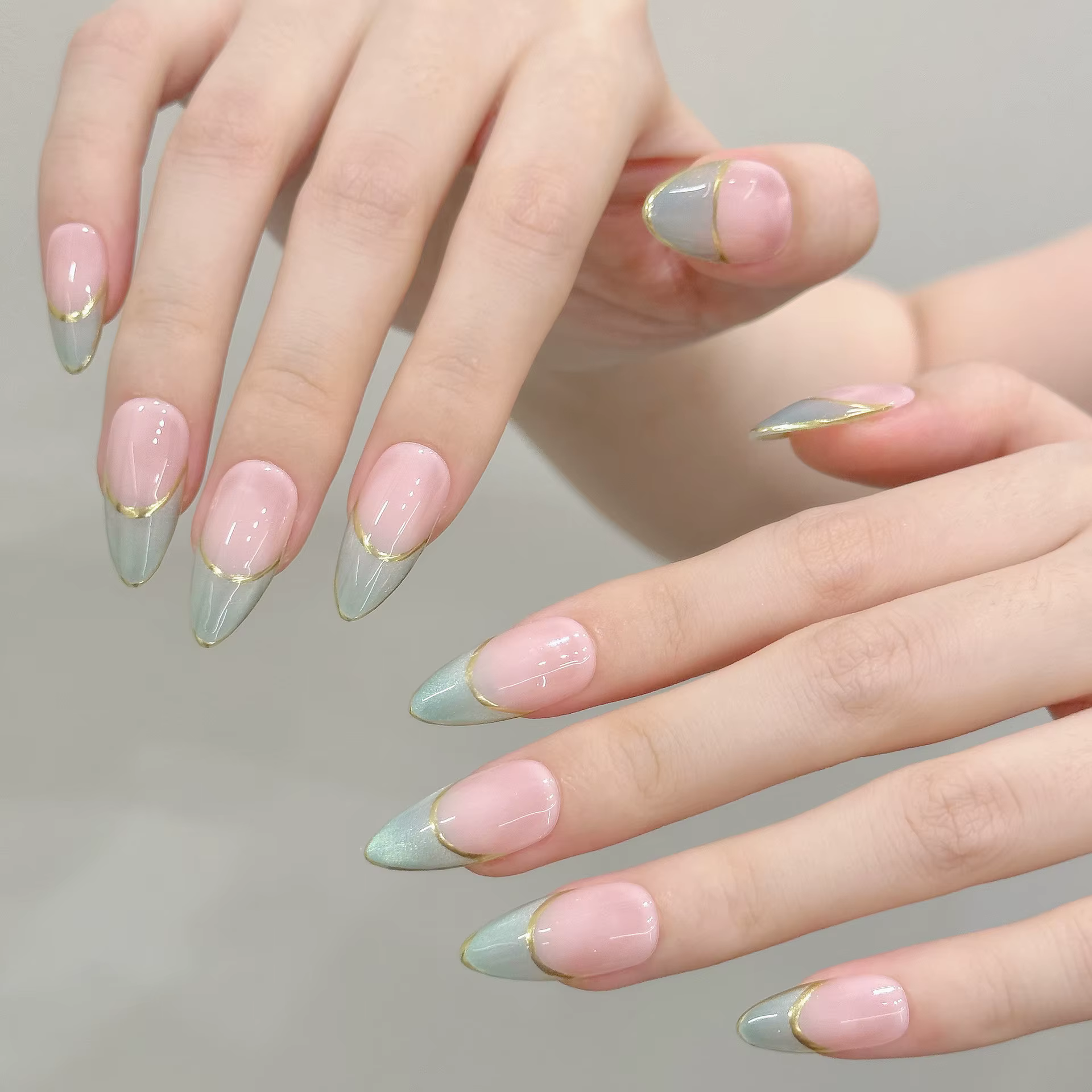 10 pièces presse à la main sur les ongles vert lait Style français perles de verre oeil de chat faux