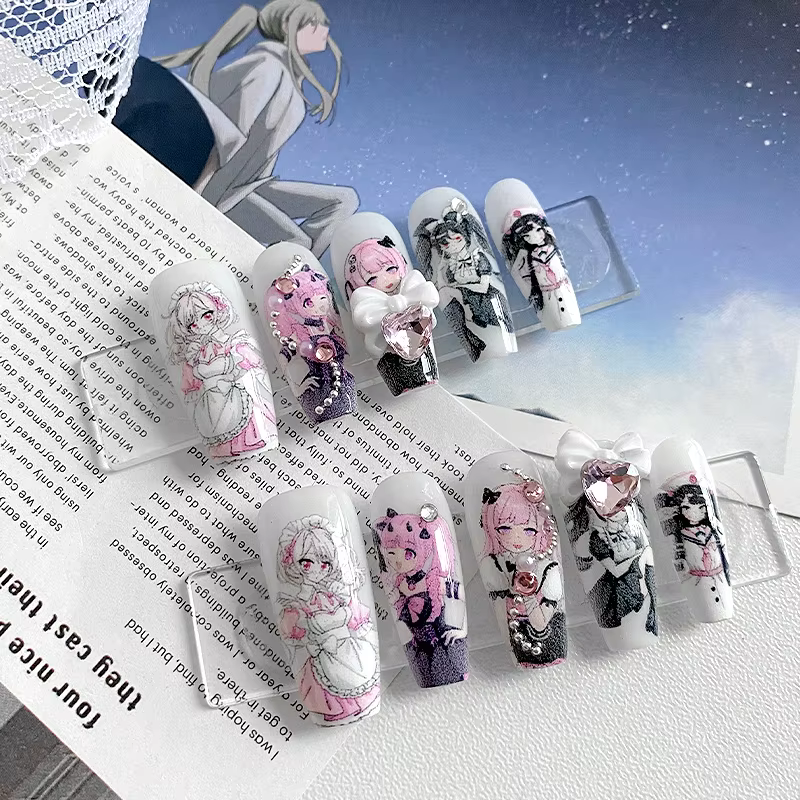 10 faux ongles faits à la main en forme de cercueil, magnifiques faux ongles, nail art mignon style 