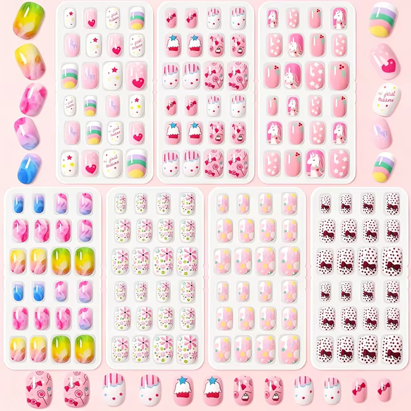 168 faux ongles pour enfants, motifs fleurs, cœurs, pois, nœuds, crème glacée, arc-en-ciel, style Ka