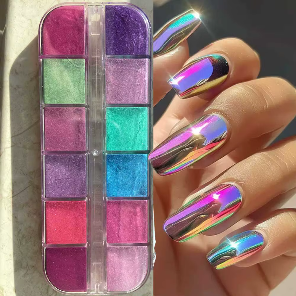 Poudre à ongles sirène effet miroir, 12 grilles, perle holographique, Pigment chromé, paillettes fin