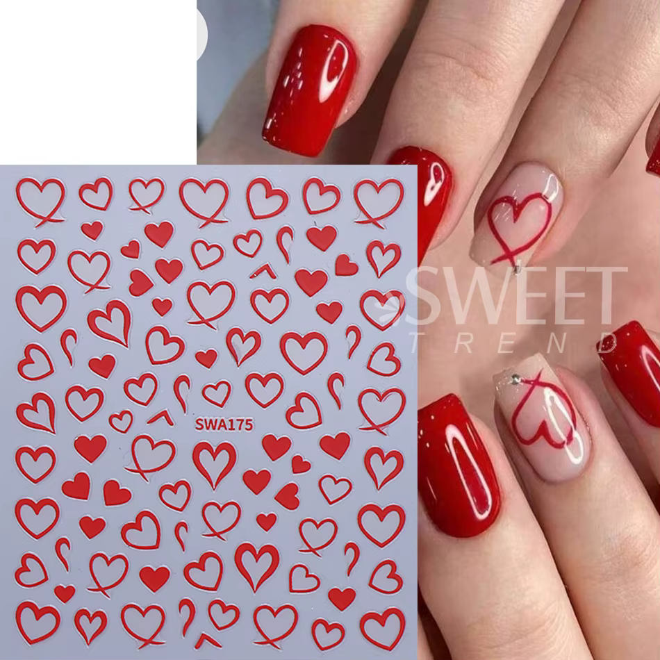 Autocollants pour ongles en forme de cœur d'amour bronzant, 3 pièces, ligne rouge or argent, décalco