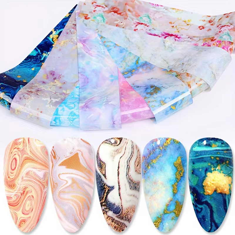 Lot de 10 feuilles de transfert pour nail art à motif marbre - Thème fantaisie, paillettes, pré-coll