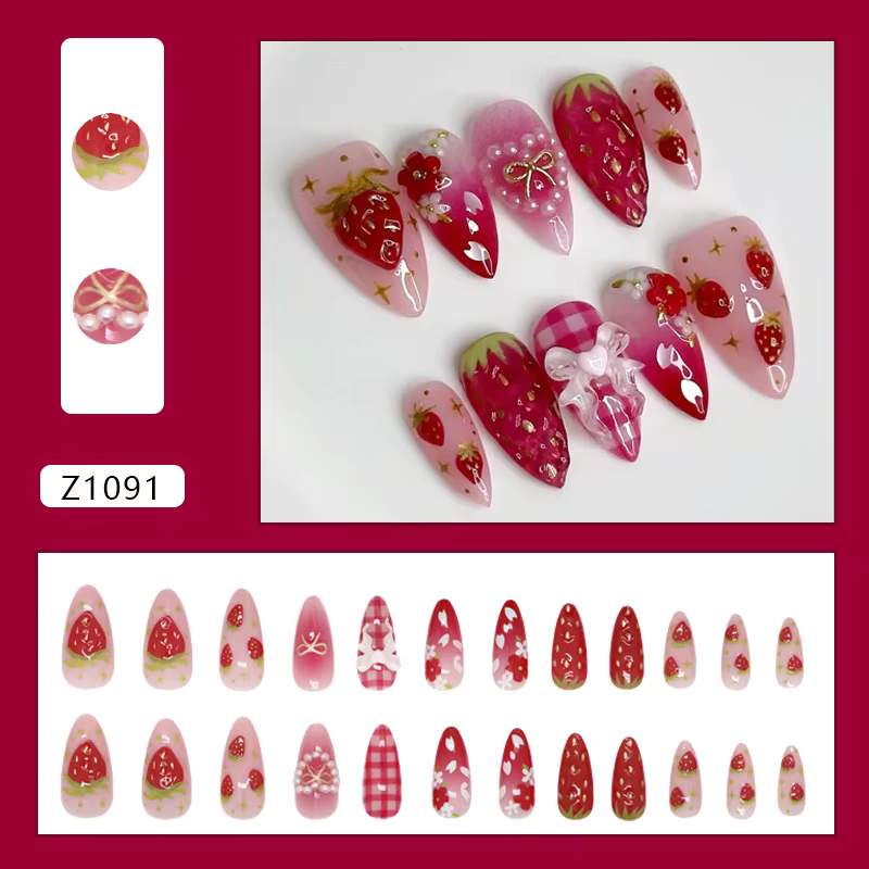 24 pièces Ins 3D nœuds papillon presse sur ongles doux fraise rose Plaid amande faux ongles avec coe