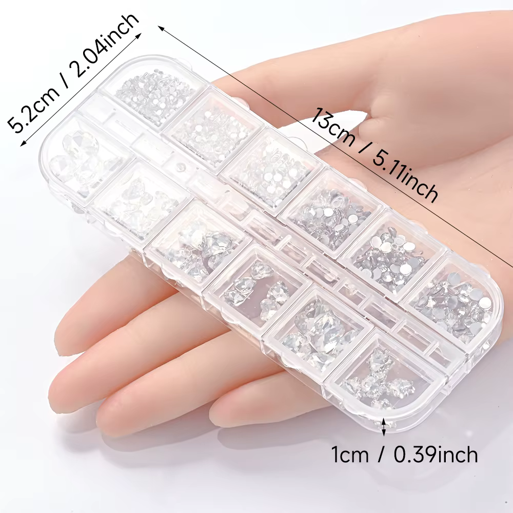 1 boîte de strass 3D transparents pour Nail Art, 12 formes ovales mixtes, papillon, cœur, fleur, bre