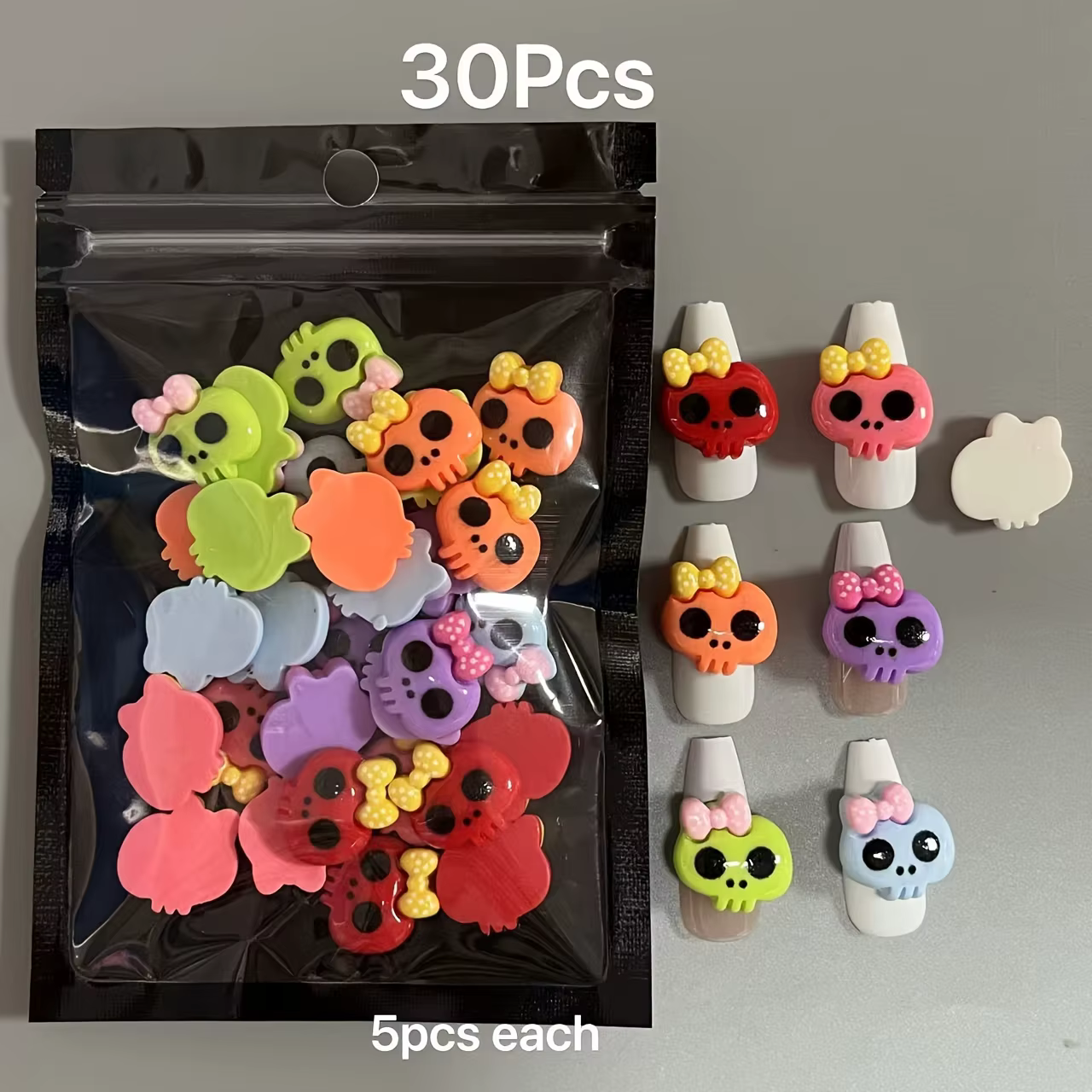 30 pièces Accessoires de manucure Gothique Halloween, Breloques pour nail art en résine (nœuds, tête