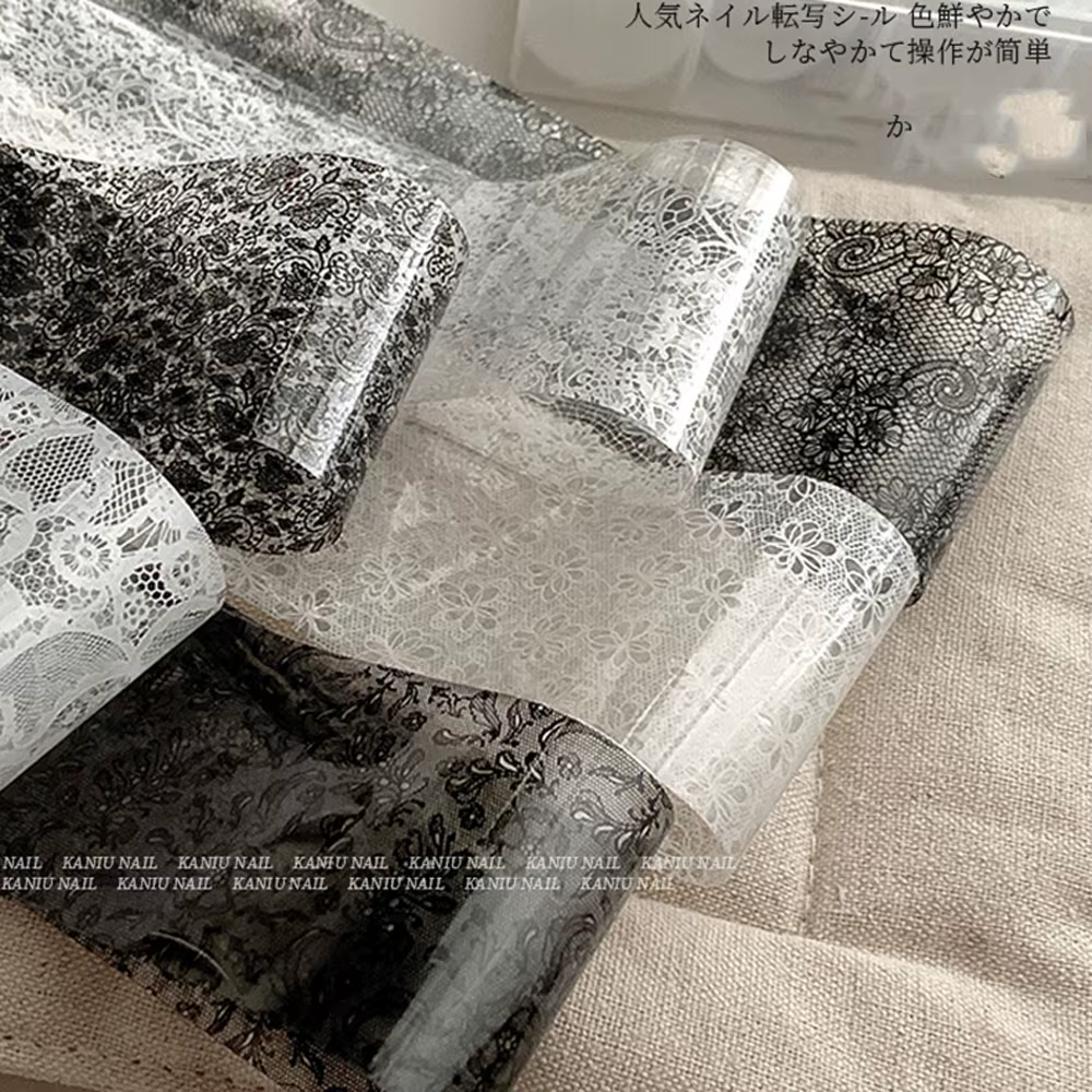 Autocollants de transfert d'ongles en dentelle noir et blanc, 10 rouleaux/boîte, enveloppes complète